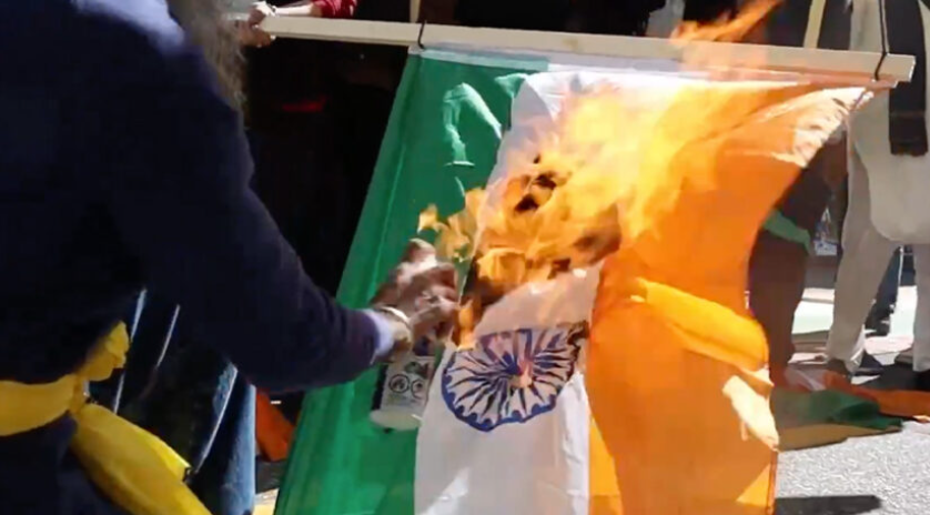 Khalistani protesters burn flag in front of Indian consulate 300 days after killing of Hardeep Singh Nijjar
